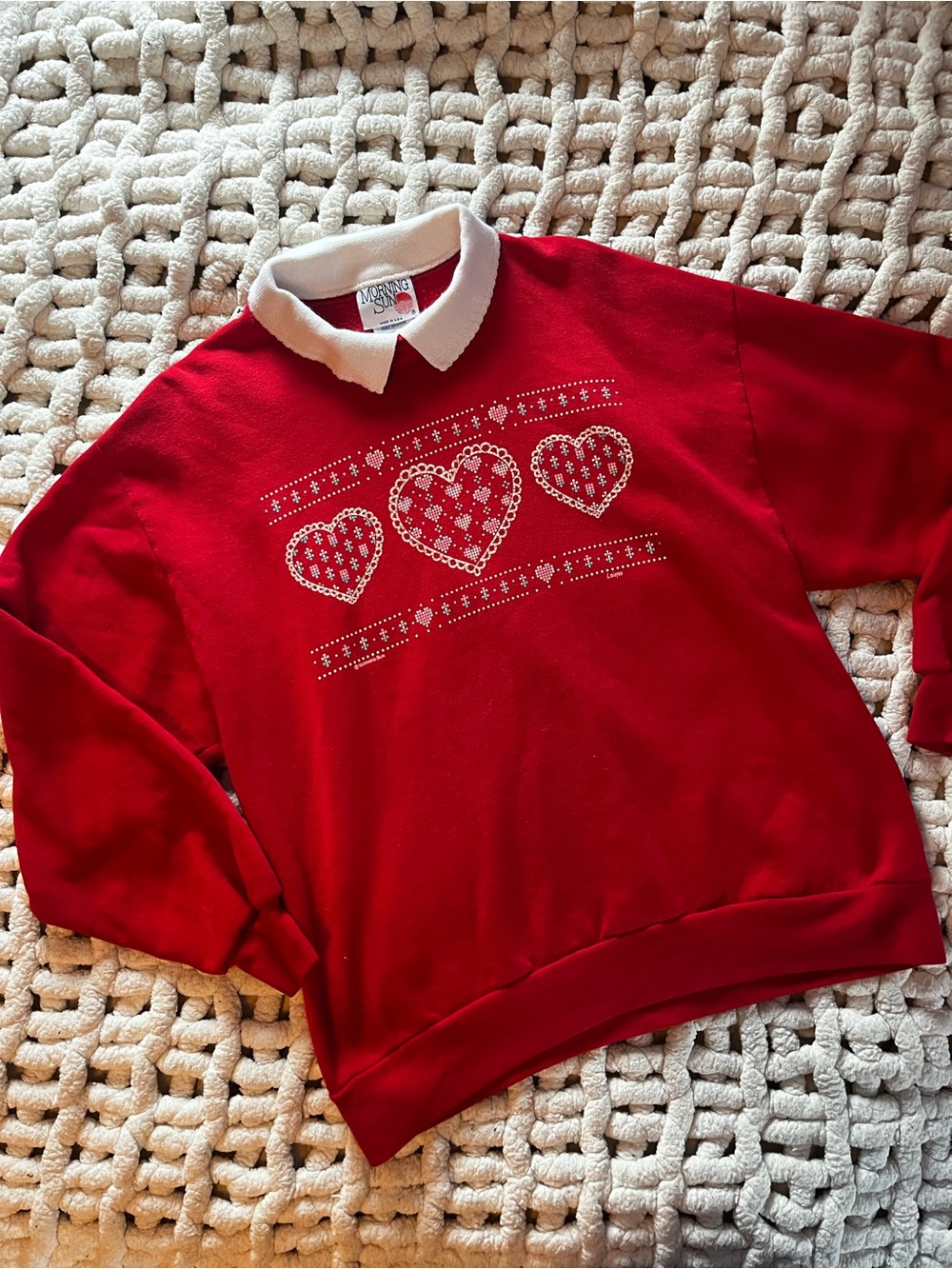 Classic Red Heart-Pattern Sweatshirt with White Collar